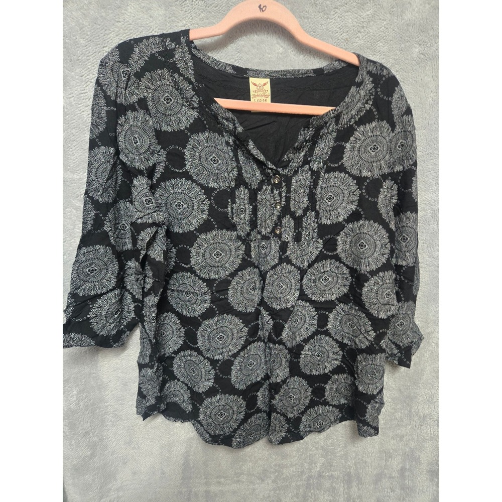 Faded Glory Black White Medallion Rayon Blouse 3/4 Sleeve L 12-14